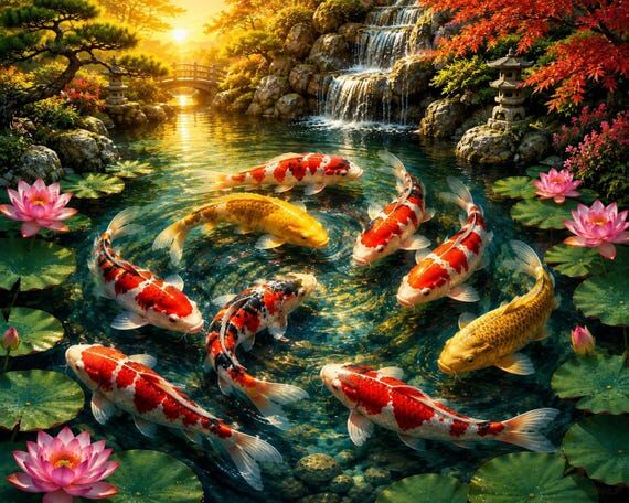 Lucky Nine Koi Painting, Feng Shui Koi Pond W...