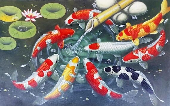 9 Koi Fish Painting with Bamboo Shower, Good ...