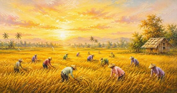 Golden Rice Harvest Sunset Painting...
