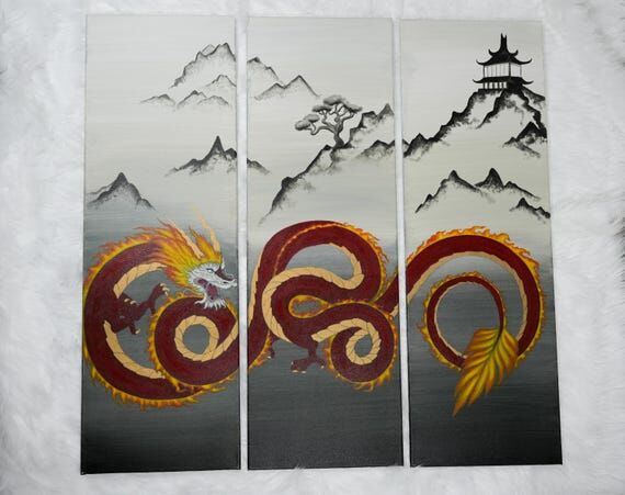 Dragon painting Chinese dragon art set of thr...