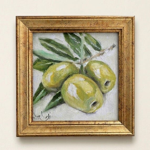 Original Green Olive Oil Painting, Framed Sma...