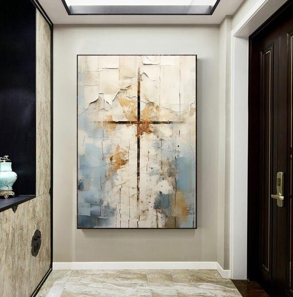 Abstract Textured Cross Painting: Beige Gold ...
