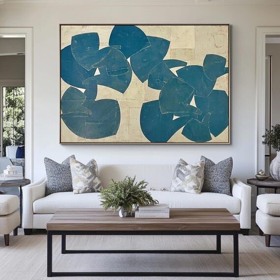 Hand Painted Blue Abstract Wall Art, Large Ge...