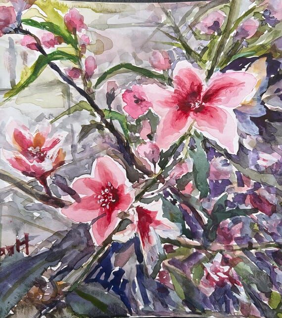 Original Watercolor Painting, Peach Blossoms ...