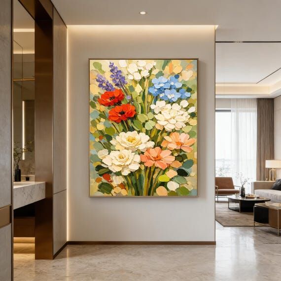 Large floral canvas painting, beige textured ...