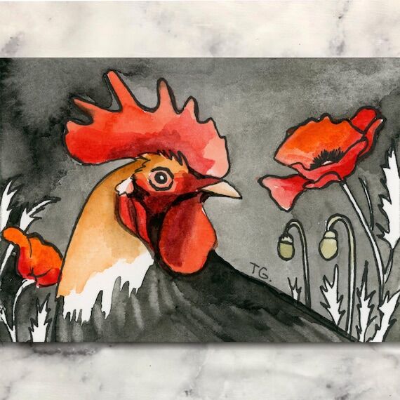 Original ACEO Watercolor Rooster Poppy Art ...