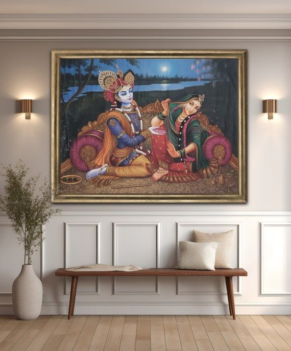 Handmade Radha Krishna Oil Painting on Canvas...