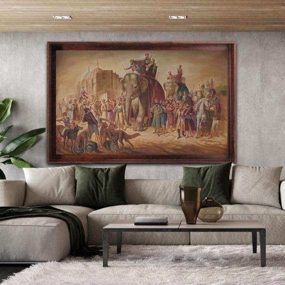 Origina handpainted Elephant procession oil c...