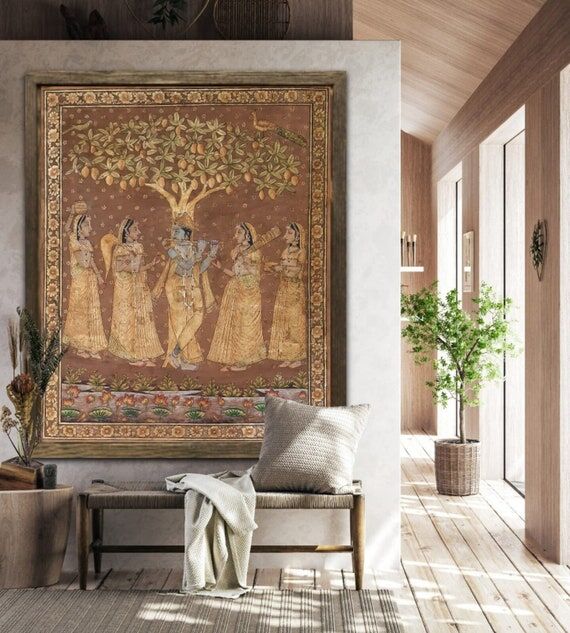 Golden Lord Krishna Pichwai Painting: Handmad...