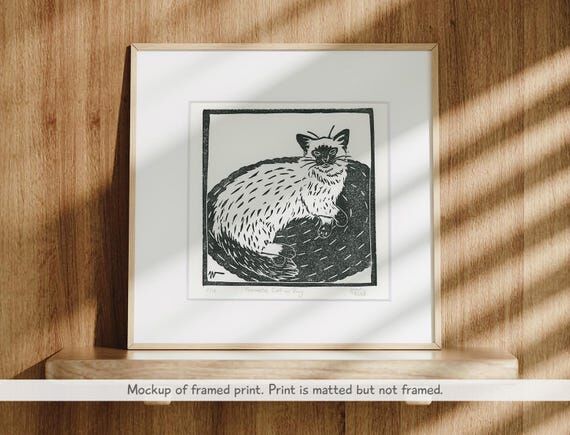 Siamese Cat on Rug Linocut Print | Limited Ed...