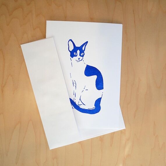Blue Cornish Rex Cat 5x7 Linocut Greeting Car...