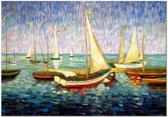 Coastal Impression - Sailboat & Seagull Oil P...