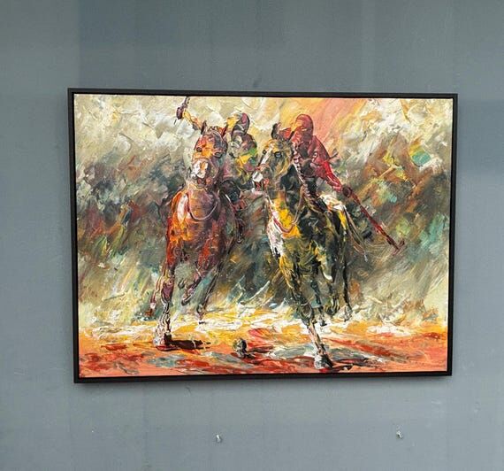 Framed Hand-Painted Polo Painting, Textured I...