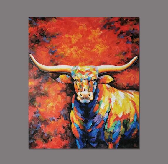 Handmade Texas Longhorn Oil Painting On Canva...