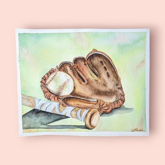 Watercolor Vintage Baseball Glove and Bat, Ba...