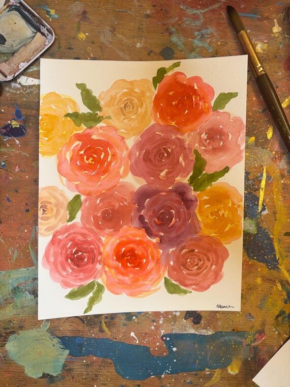 8x10 Original Watercolor Painting, Pink Flowe...