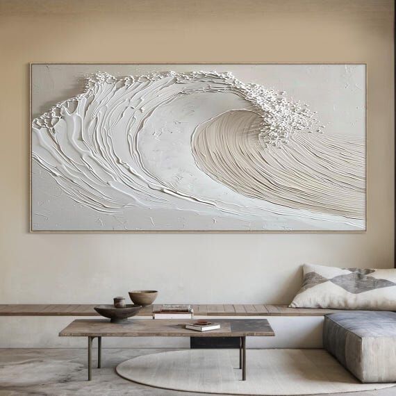 White Ocean Wall Art, Beige Sea Waves Oil Pai...