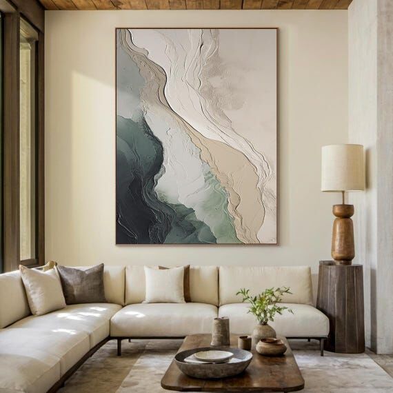 Ocean Textured Wall Art Green Beige Sea Waves...