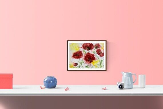 Original Red Poppy Alcohol Ink Painting, Abst...
