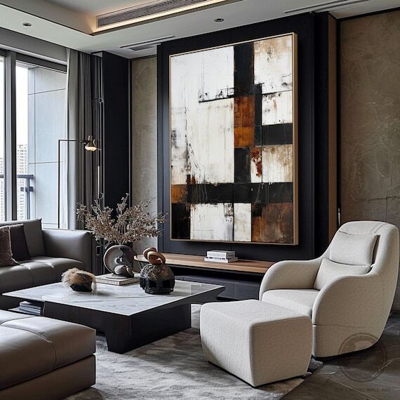 Large white minimalist wall art brown and bla...