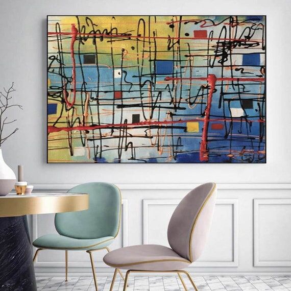 Original Colorful Abstract Grid Painting – ...