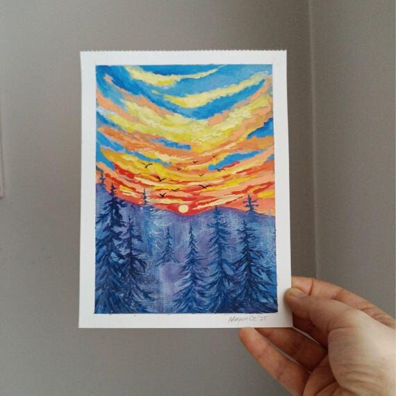 Sunset Forest Painting Original Art, Colorful...