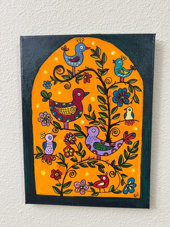 Stylized Bird Canvas Painting, Colorful Folk ...