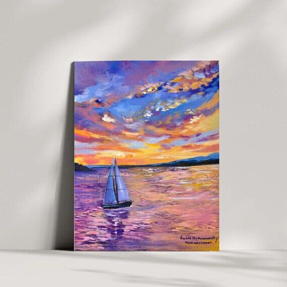Sunset Sailboat Painting: Coastal Seascape Ar...