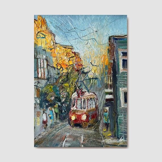Original Oil Painting, Red Tram, original oil...