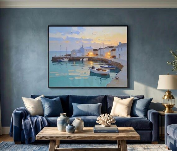 Fishing Village Painting, Palette Knife Water...