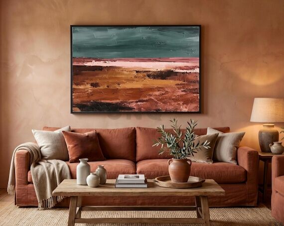 Burnt Orange Abstract Impasto Landscape Paint...