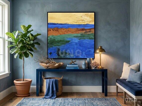 Extra Large Textured Blue Abstract Waterscape...