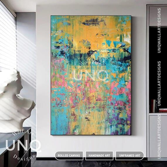 Textured Abstract Canvas Art, Blue Yellow Pal...