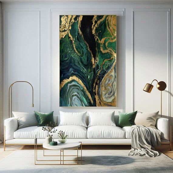 Golden Green Abstract Painting, Textured Acry...