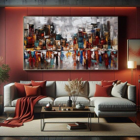 Hand-Painted Acrylic Cityscape Painting, Warm...