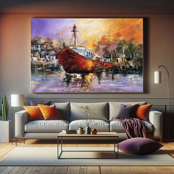 Abstract Boat Painting, River Sunset, Vibrant...
