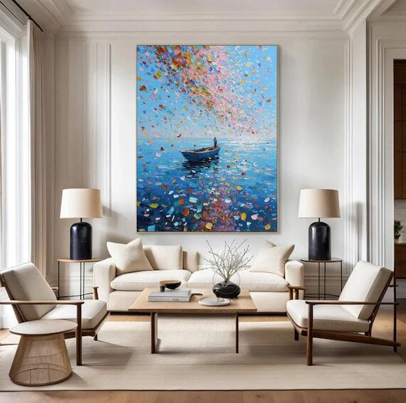 Vibrant Seascape Oil Painting: Boat Amidst Co...