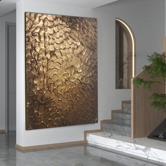 Large Golden Abstract Canvas Art – Handmade...