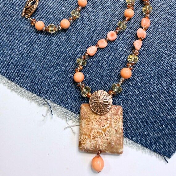 Fossil Coral and Pink Coral Beaded Necklace -...