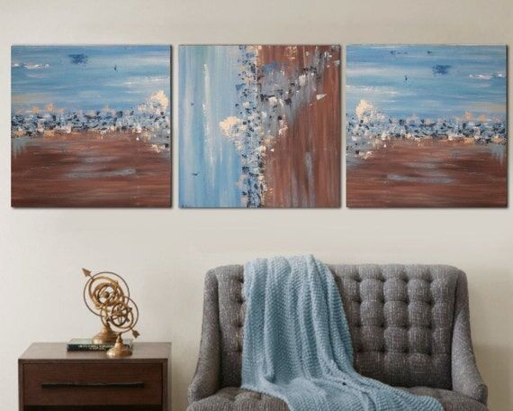 Large Abstract Painting Set: Blue Brown Moder...