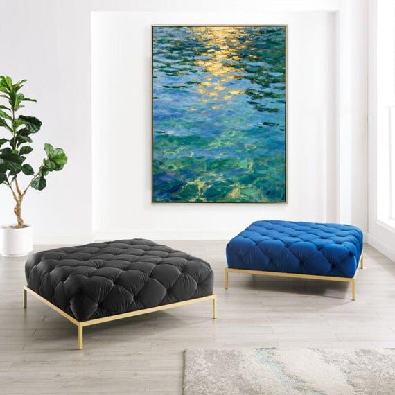 Golden Ripples on Water Oil Painting Blue Gre...