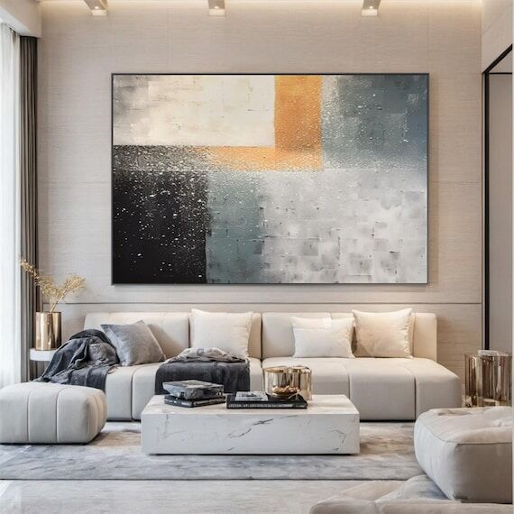 Black and grey textured wall art, cyan and be...
