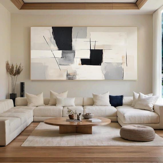 Gray and black abstract canvas oil painting, ...