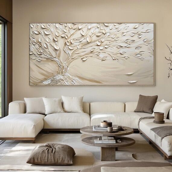 Beige tree of life abstract minimalist oil pa...