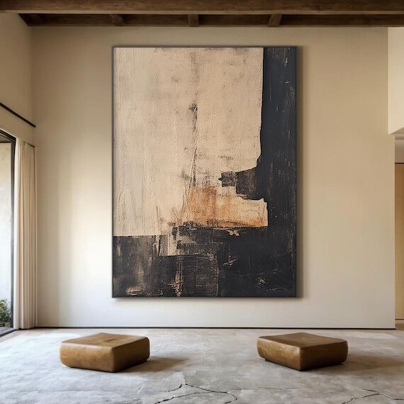 Modern black abstract hand-painted oil painti...