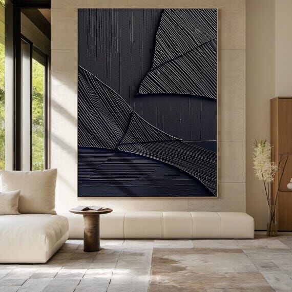 Original black abstract painting, black minim...