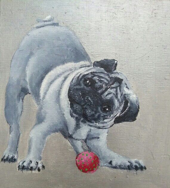 Handmade painting, "Pug and Ball", ...
