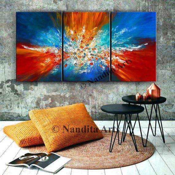 Red and Blue Abstract Triptych: Modern Canvas...