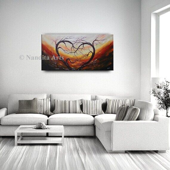 Red Heart Tree Landscape Painting: Modern Abs...