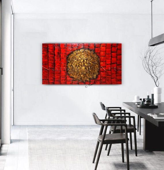 Red Impasto Abstract Painting: Textured Acryl...